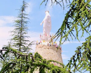 Image d'une vierge au Liban au milieu des oliviers à Harissa